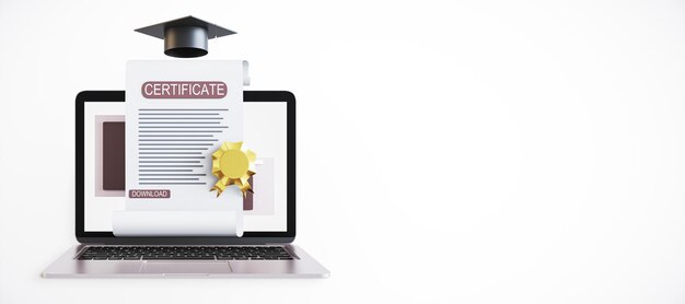 Photo digital certificate on laptop with graduation cap on white background 3d rendering