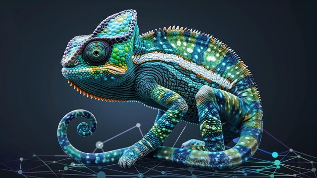 Photo digital chameleon in neon colors big data visualization information aesthetic design animal learning