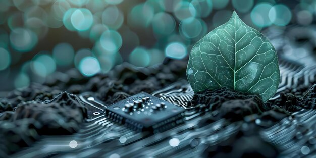 Digital circuit board with green chips resembling a leaf for sustainability concept Concept Sustainability Green Technology Electronics Circuit Board Environmental Conservation