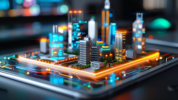 Photo digital city model on tablet showcasing illuminated buildings and infrastructure cybersecurity