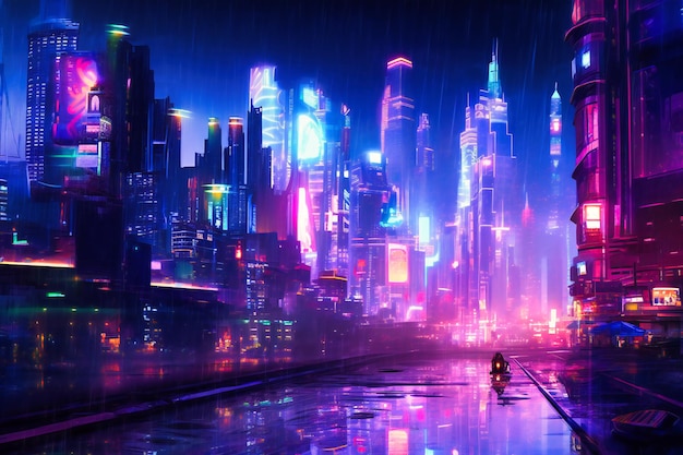 Digital city view with neon lights