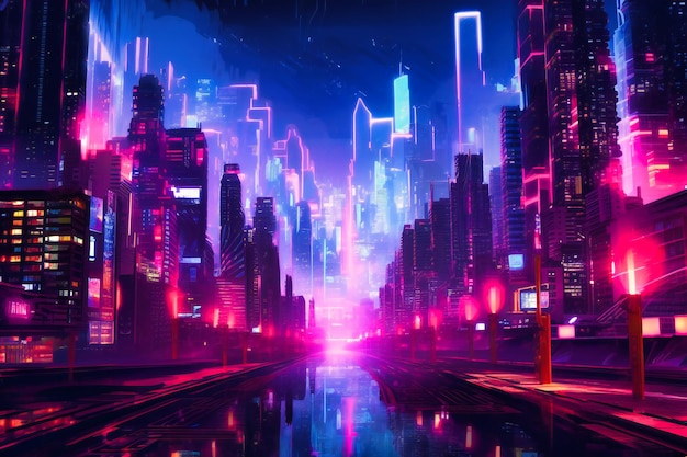 Digital city view with neon lights