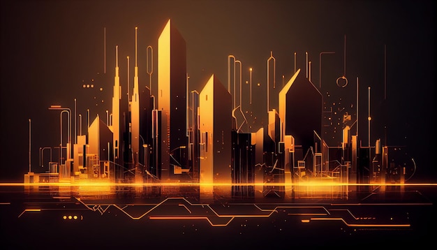 A digital city with a gold background and the word cyber on it.