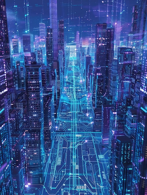 Digital cityscape with endless rows of code a blueprint of the virtual metropolis