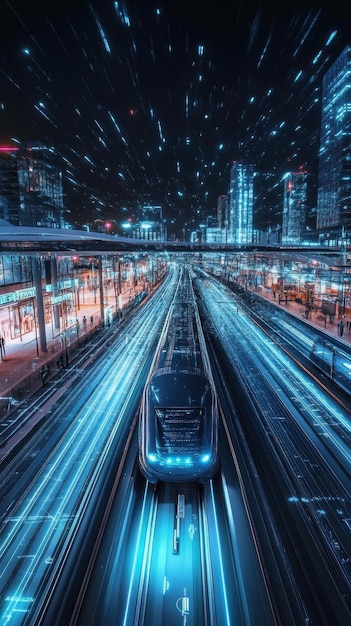 Photo digital cityscape with a futuristic train