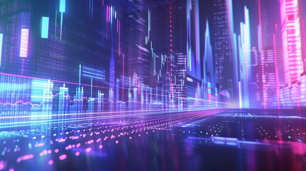 Digital Cityscape with Neon Lights and Data Visualization