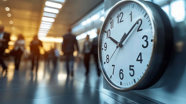 Photo digital clock on a wall in a modern office setting people walking by bright natural light