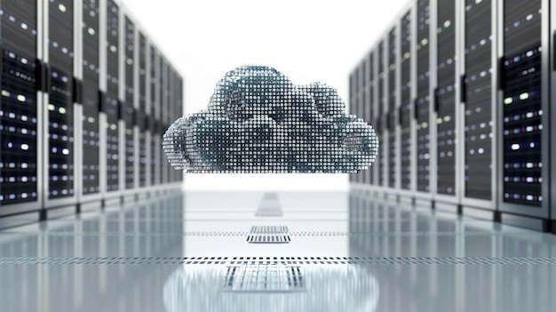 Digital cloud composed of binary code floating inside a server room representing cloud computing