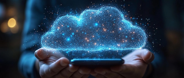 Photo digital cloud computing concept with smartphone and hands