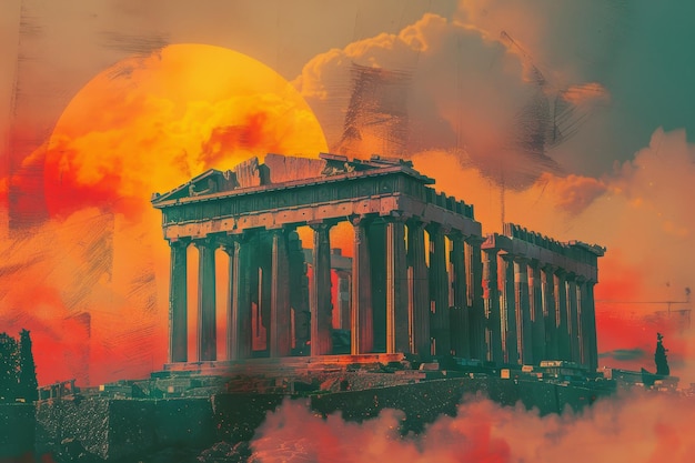 A digital collage of iconic Greek temples appearing to float in the clouds Create a digital collage of iconic Greek temples against a sunset backdrop