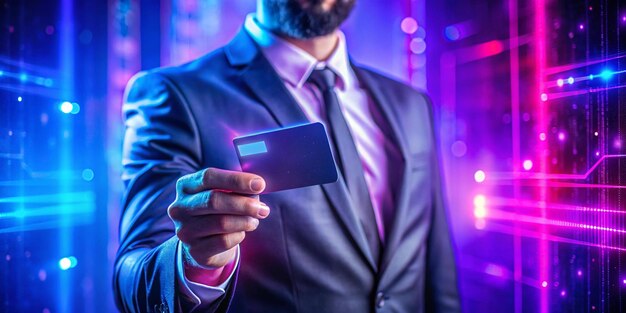 Photo digital commerce unrecognizable man presenting credit card in studio with purple blue neon lights advertising online shopping financial service selective focus on plastic bank