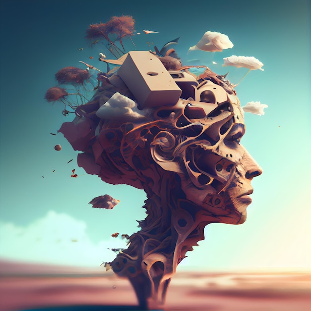 Digital composite of 3D human head in surreal style against blue sky