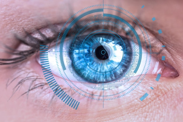 Digital composite of Eye scanning a futuristic interface