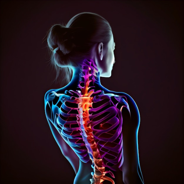 Digital composite of highlighted spine of woman with back paingenerative ai