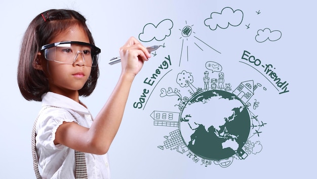 Photo digital composite image of girl drawing over earth against white background