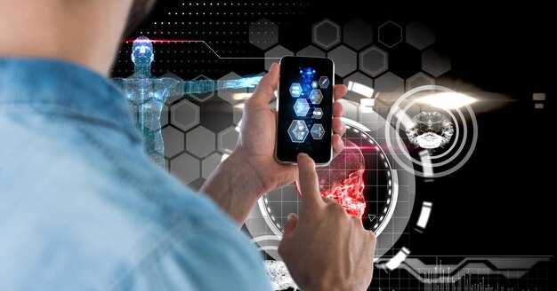 Digital composite image of man using smart phone with tech graphics in background