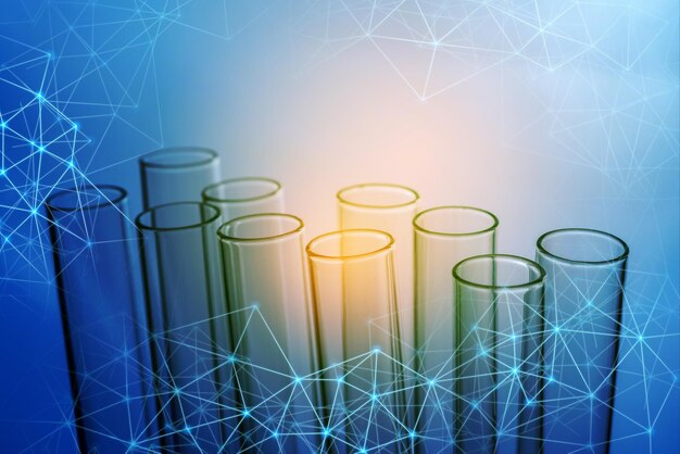 Photo digital composite image of molecular structure with test tubes