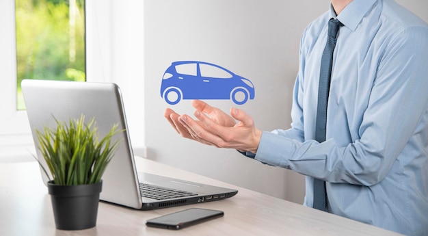 Digital composite of Man holding car icon.Car automobile insurance and car services concept. Businessman with offering gesture and icon of car