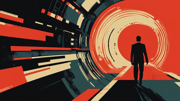 Photo digital composite of man walking in futuristic tunnel with red and orange lights