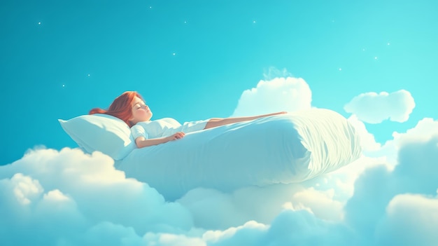 Photo digital composite of redhead woman lying on pillow against blue sky with clouds