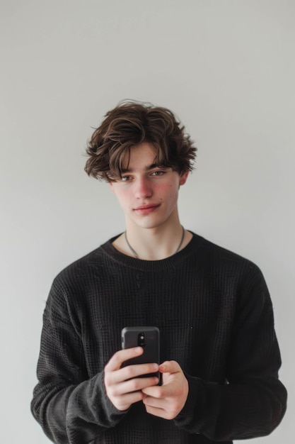 Photo digital connectivity with a medium distance shot of a young man in holding a smartphone ai generativ