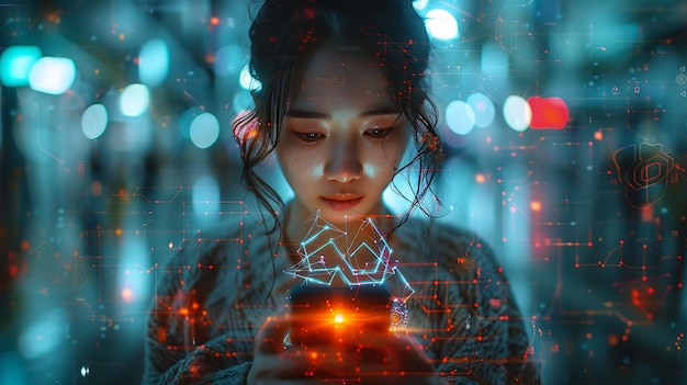 Digital Connectivity Woman Utilizing Her Phone Digital Logo Infused Complexity Theory Robotic Motifs