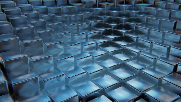 Digital cubic abstract background of blue color metal squares reflection digital space 3d render