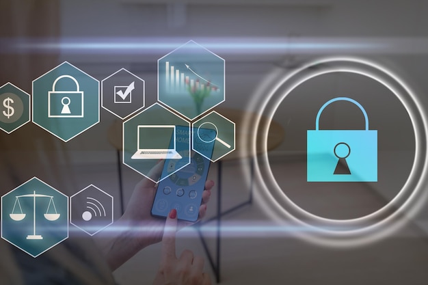 Digital cybersecurity and network protection concept. Virtual locking mechanism to access shared resources. Interactive virtual control screen with padlock. laptop on background