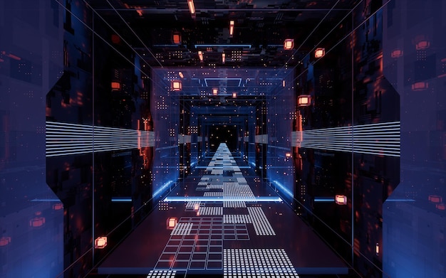 Digital cyberspace scifi concept tunnel 3d rendering