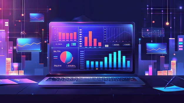 A digital dashboard displaying profit metrics on a laptop screen surrounded by charts and notes