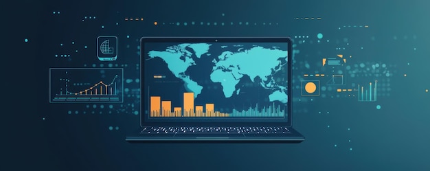 Photo digital dashboard illustration showcasing global data analytics on an open laptop with floating