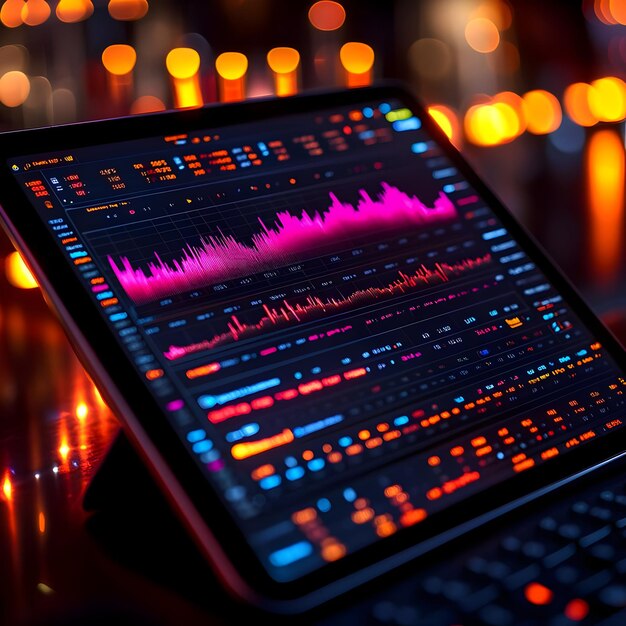 Digital Data Analysis Financial Charts and Graphs on a Screen with Blurred Bokeh Lights in the Background