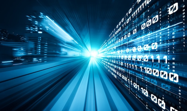 Digital data flow on road with motion blur to create vision of fast speed transfer