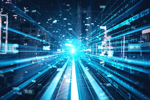 Digital data flow on road with motion blur to create vision of fast speed transfer