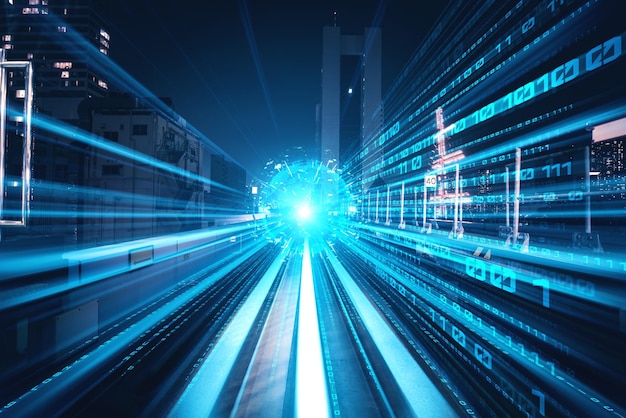 Digital data flow on road with motion blur to create vision of fast speed transfer