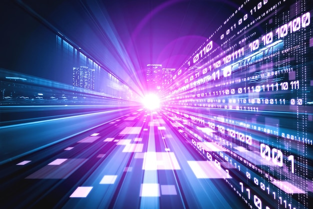 Digital data flow on road with motion blur to create vision of fast speed transfer