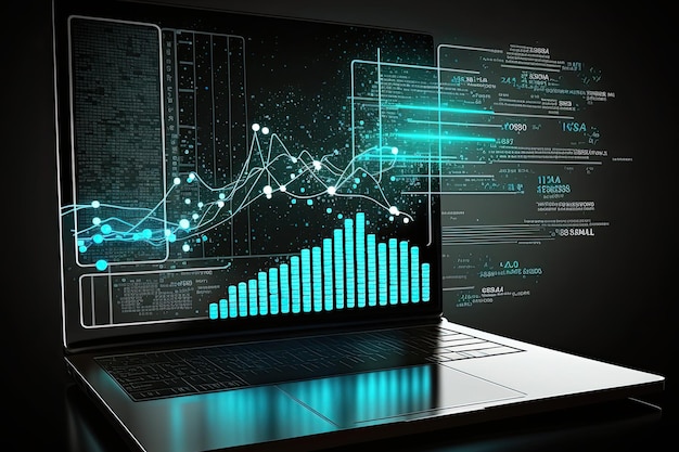 Digital data and network connection on laptop screen Generative AI