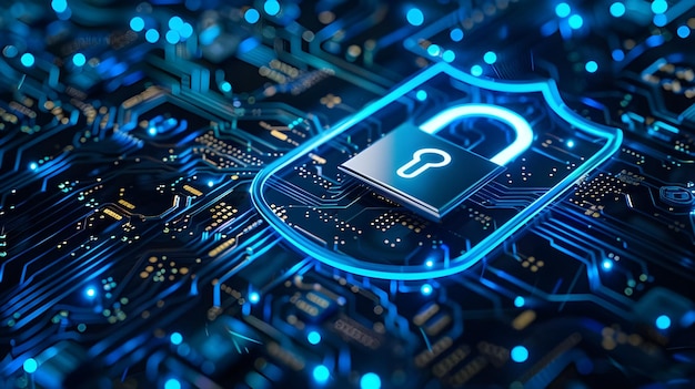 Digital data security padlock on futuristic circuit board