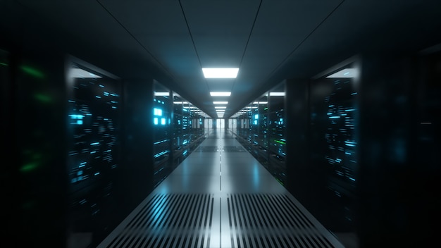 Digital data transmission to data servers behind glass panels in a data center server room. High speed digital lines. 3d illustration