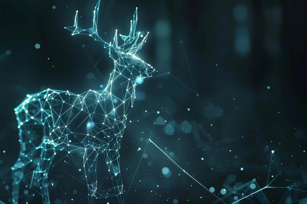 Photo digital deer made of glowing 3d triangular polygons