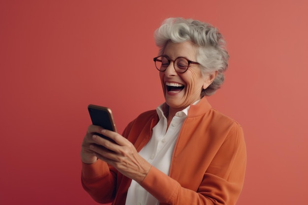 Digital Delight Elderly Woman Smiling and Laughing with Her Phone Against a Cheerful Colored BackgroundxA