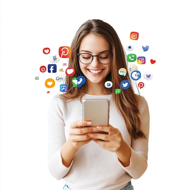 Digital Delight Woman Holding Smartphone with Social Media Icons Popping Out