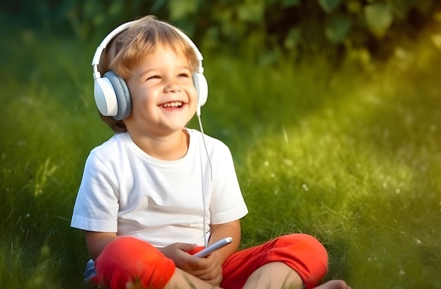 Digital Delight Young Boy with Headphones and Tablet in Lush Meadow