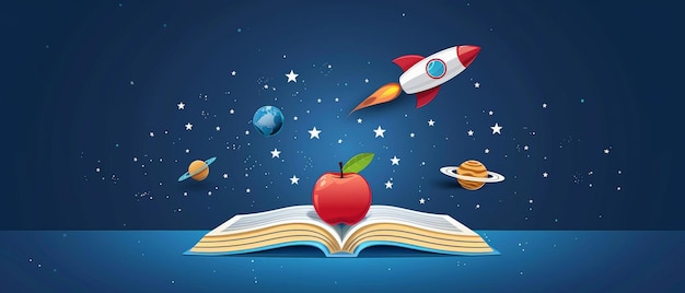 Photo a digital depicting an open book with a red apple and a rocket ship soaring against a starry night sky suggesting a journey of knowledge and discovery for the upcoming school year