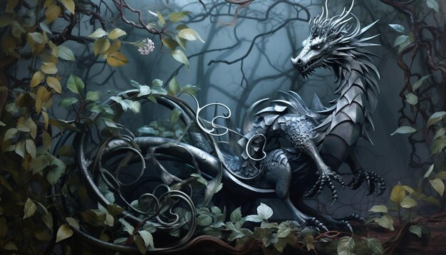 A digital design with a Chinese dragon made of wrought iron