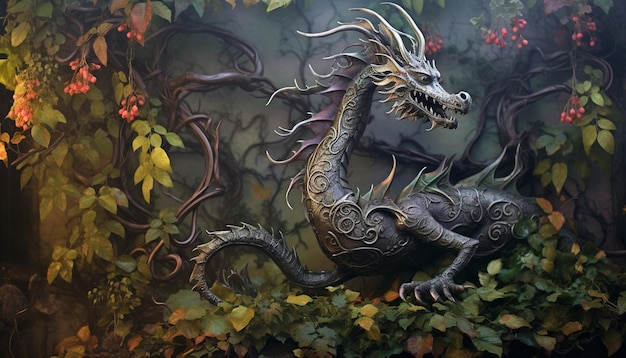 A digital design with a Chinese dragon made of wrought iron