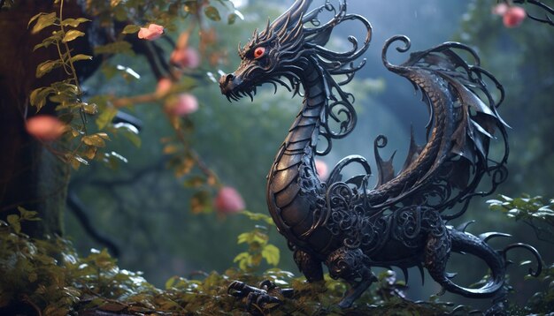 A digital design with a Chinese dragon made of wrought iron