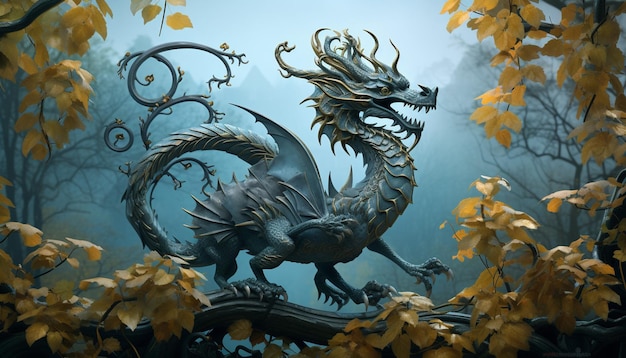 A digital design with a Chinese dragon made of wrought iron