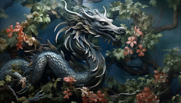 A digital design with a Chinese dragon made of wrought iron