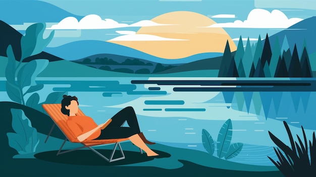 Photo digital detox inspiration a serene landscape with a person relaxing by a lake